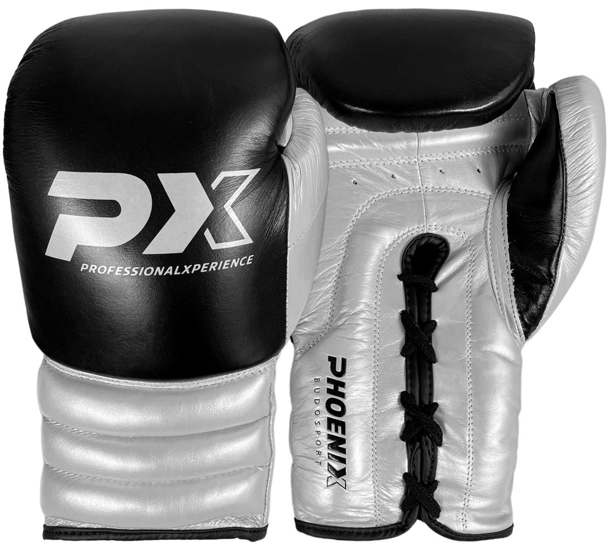 Boxhandschuhe Wettkampf schwarz-silber - Echtleder - 10 bis 16 oz