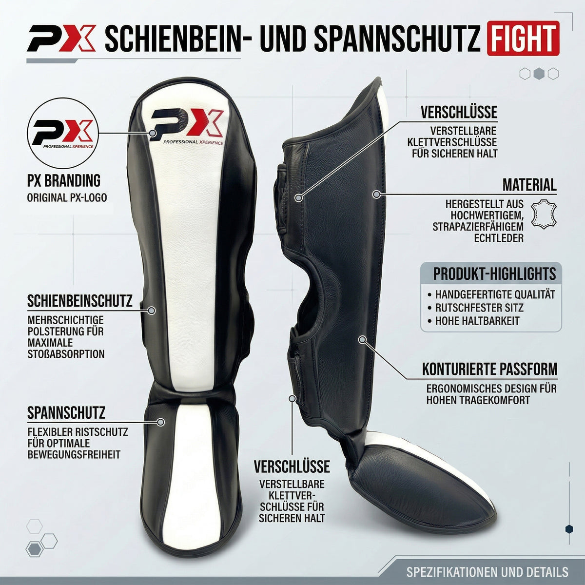 Schienbein-Spannschoner FIGHT Muay Thai schwarz-weiß - Leder
