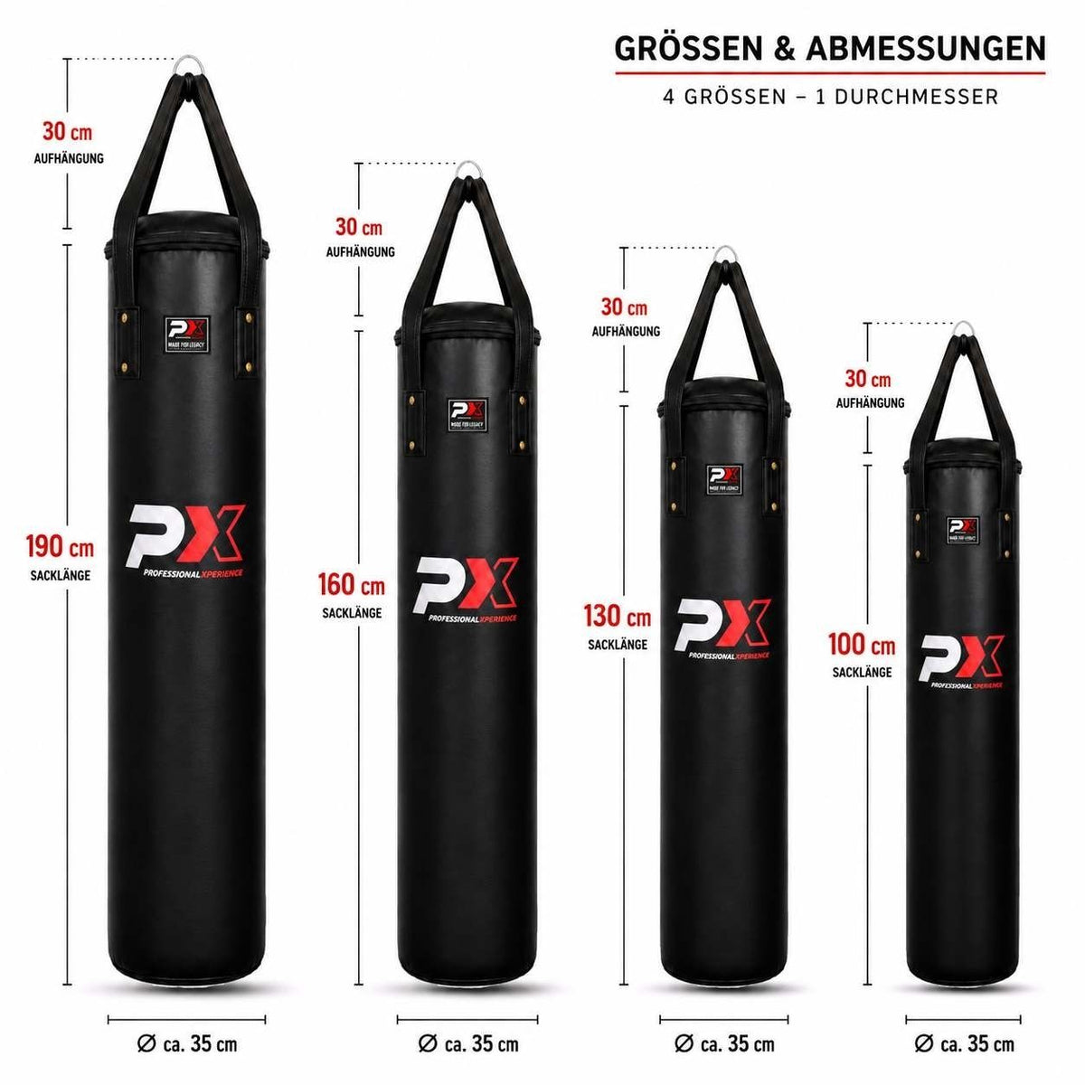 Boxsack Professional gefüllt 100 bis 190 cm schwarz - 25 bis 55 kg, inkl. Aufhängung