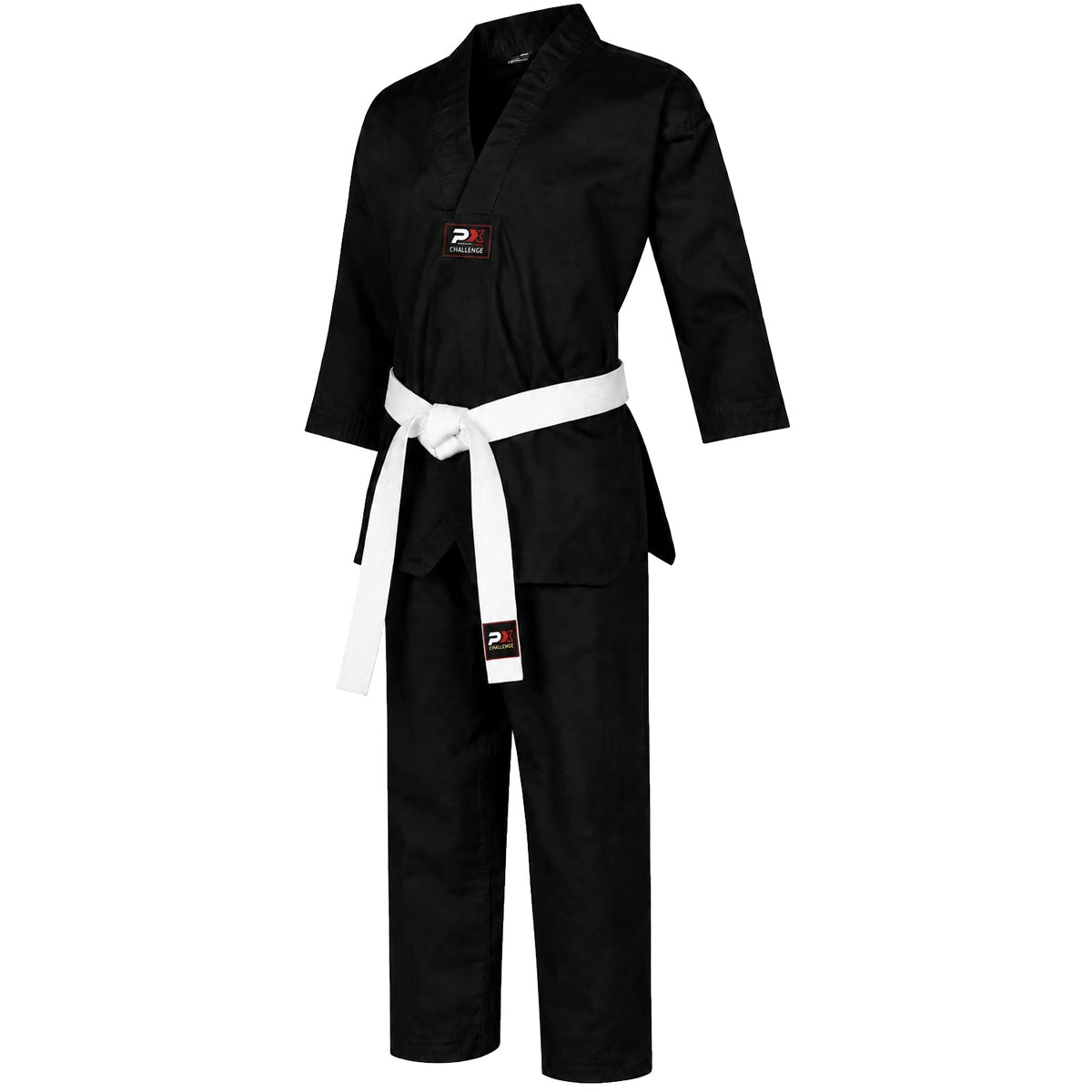 Taekwondo Dobok Challenge schwarz - Mischgewebe - mit V-Revers und Gürtel